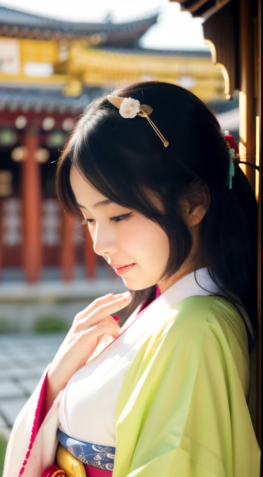 With open arms, Cute crying face, Laughs and Tears, 最high quality、high quality、Best image quality、8k、最High resolution、High resolution、temple, Realistic photos, Healthy body, Beautiful Eyes, Flowing black hair, Colorful kimono, Calm expression, Soft lighting, Traditional Japanese art style, Vibrant colors, Peaceful atmosphere, Delicate features, Graceful posture, Beautiful Landscape, snow