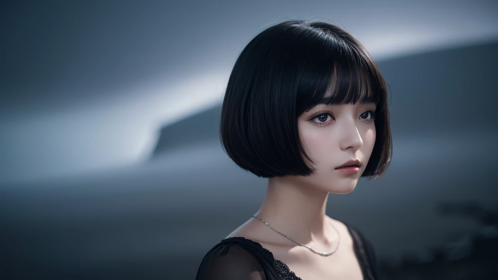 Delicate and dainty young woman with shiny bob-cut black hair . She is wearing black dress. The background is a fantastic and ethereal night sky that seems to be haunted by a specter. Her expression is stern and atmospheric. Angle from directly below.