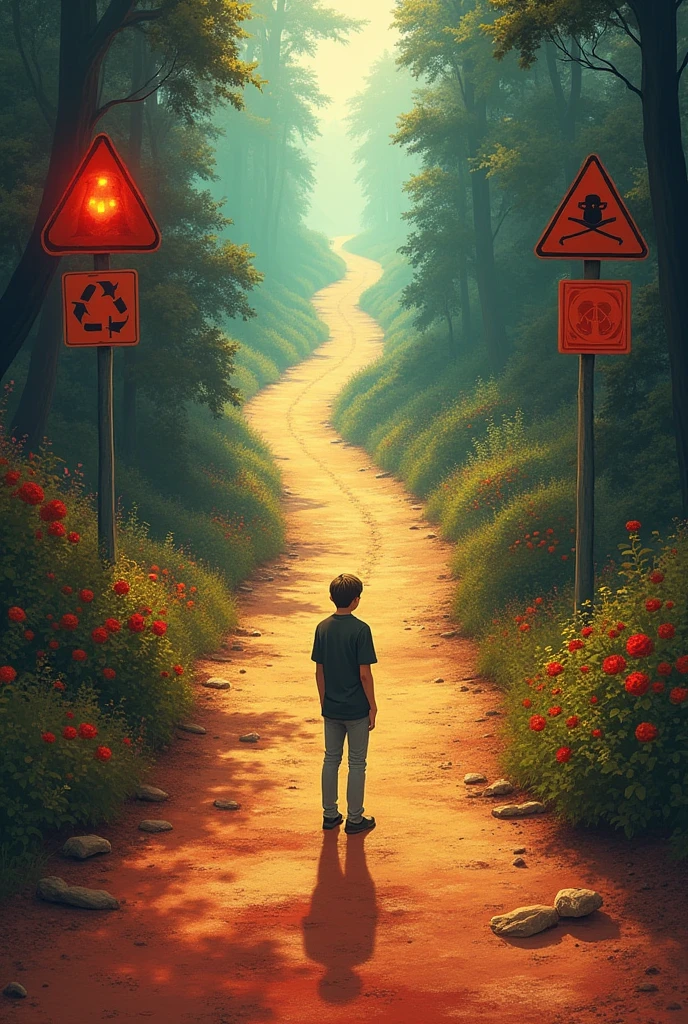  a scene in which a person , facing two roads. The left path is full of warning signs, Red lights and hazard symbols, while the path on the right is illuminated with warm colors, flowers and symbols of well-being. 