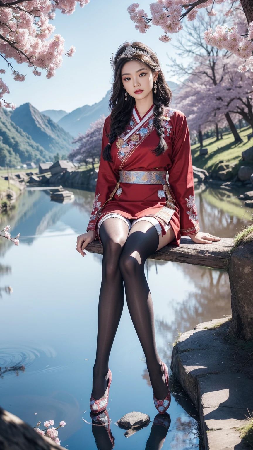 (background：The mountain is full of cherry blossoms.，There are mountains and fog.)(whole body:1.5)，(1 Hmong girl:1.3),(Viewer:1.4)，(Anatomically correct:1.4),(The stockings are colorless, completely transparent.:1.3),(sitting on top of mountain:1.2),(Wear traditional costumes.:1.2),,( pointed heel shoes :1.1),(precise、perfect appearance:1.3),(Spread your legs，Long legs:1.3),Wearing hair accessories of ethnic minorities in the southwest，spread, Spread your legsของคุณ，saw camel toe，Ultra High quality, Ray Tracing, reflected light， correct structure, won, Highly detailed, Lighten the contrast of the shadows., facial lighting ，light, Masterpiece, Superb details, High quality, Highly detailed, best quality, 16ก，high contrast,from below