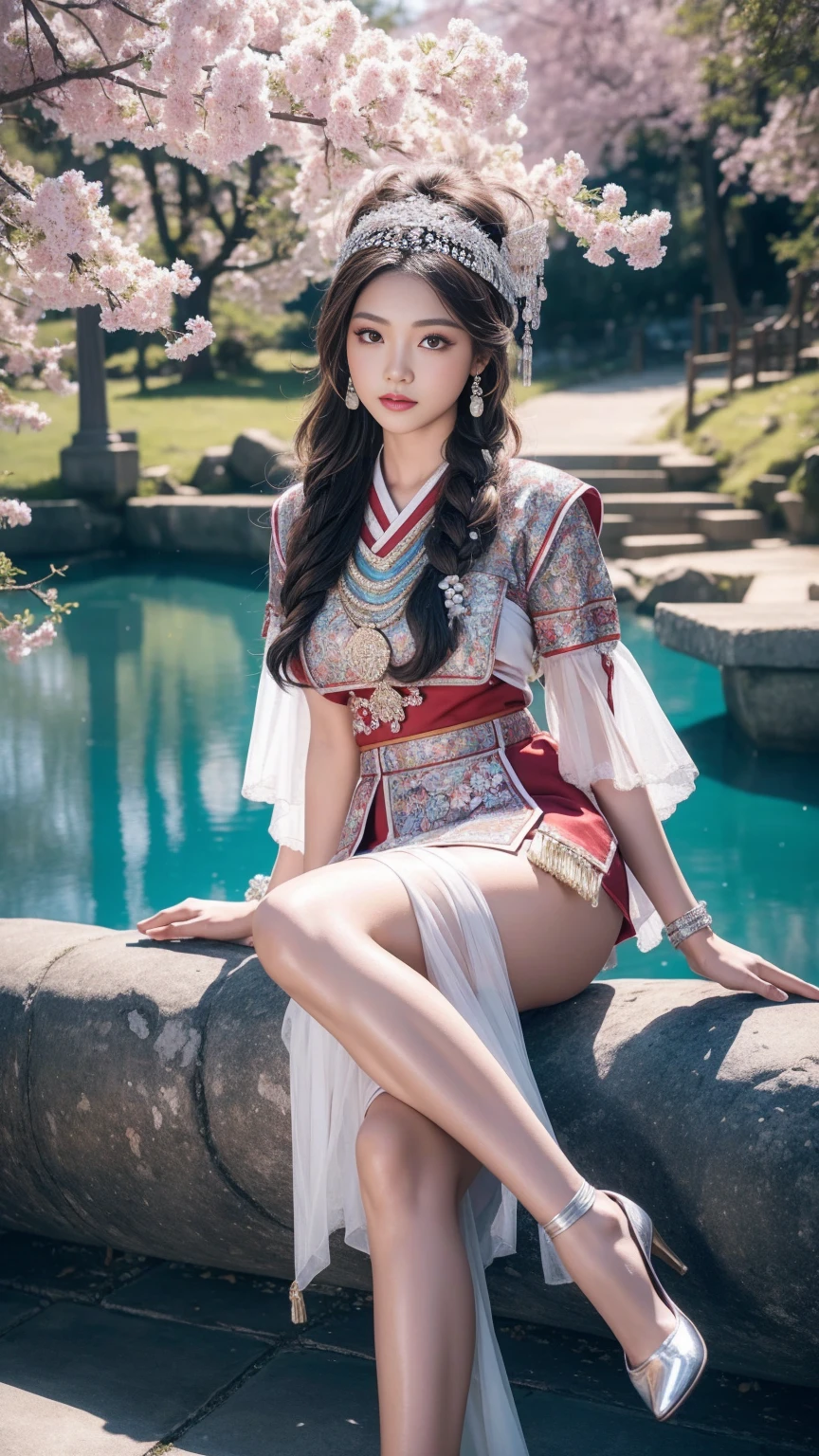 (background：The mountain is full of cherry blossoms.，There are mountains and fog.)(whole body:1.5)，(1 Hmong girl:1.3),(Viewer:1.4)，(Anatomically correct:1.4),(The stockings are colorless, completely transparent.:1.3),(sitting on top of mountain:1.2),(Wear traditional costumes.:1.2),,( pointed heel shoes :1.1),(precise、perfect appearance:1.3),(Spread your legs，Long legs:1.3),Wearing hair accessories of ethnic minorities in the southwest，spread, Spread your legsของคุณ，saw camel toe，Ultra High quality, Ray Tracing, reflected light， correct structure, won, Highly detailed, Lighten the contrast of the shadows., facial lighting ，light, Masterpiece, Superb details, High quality, Highly detailed, best quality, 16ก，high contrast,from below