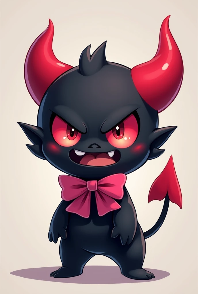 create a mascot that resembles a little devil, ball with verys red horns and red eyes, black in color and wearing a pink bow, the expression is one of anger like pokemon