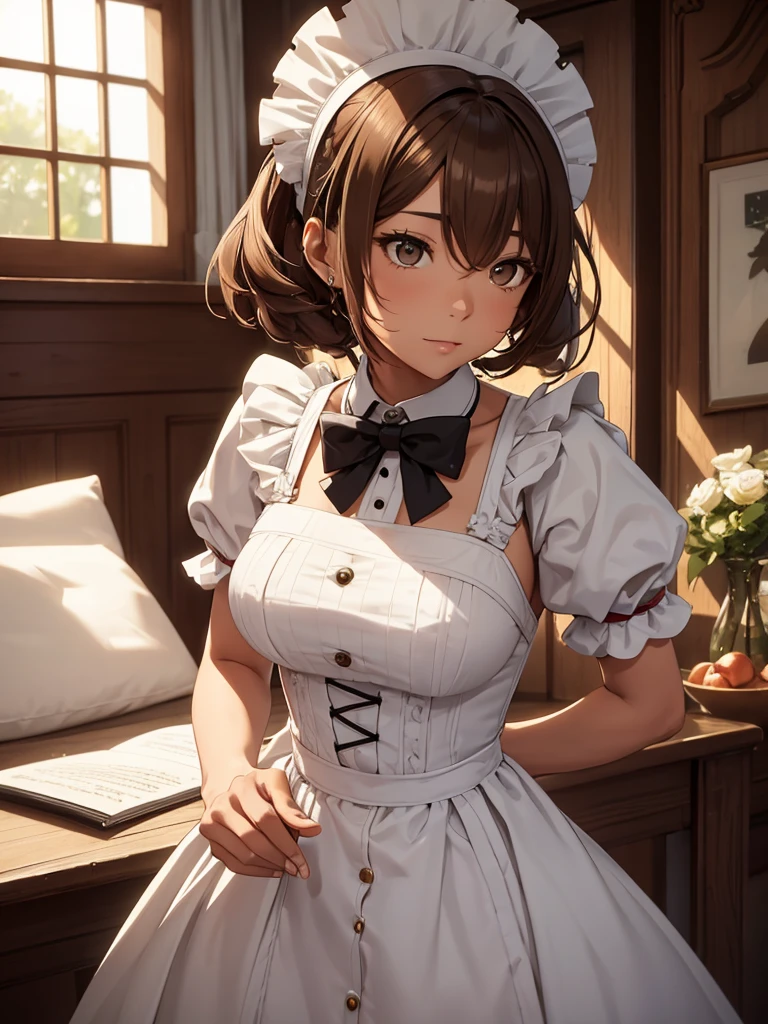 (Wiz), 1woman, as a maid, wearing a maid outfit, at a home, light brown hair, 8k, high detailed, high quality