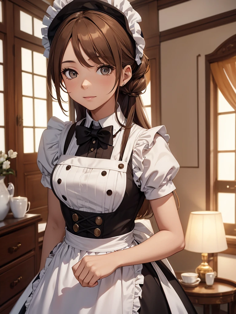 (Wiz), 1woman, as a maid, wearing a maid outfit, at a home, light brown hair, 8k, high detailed, high quality