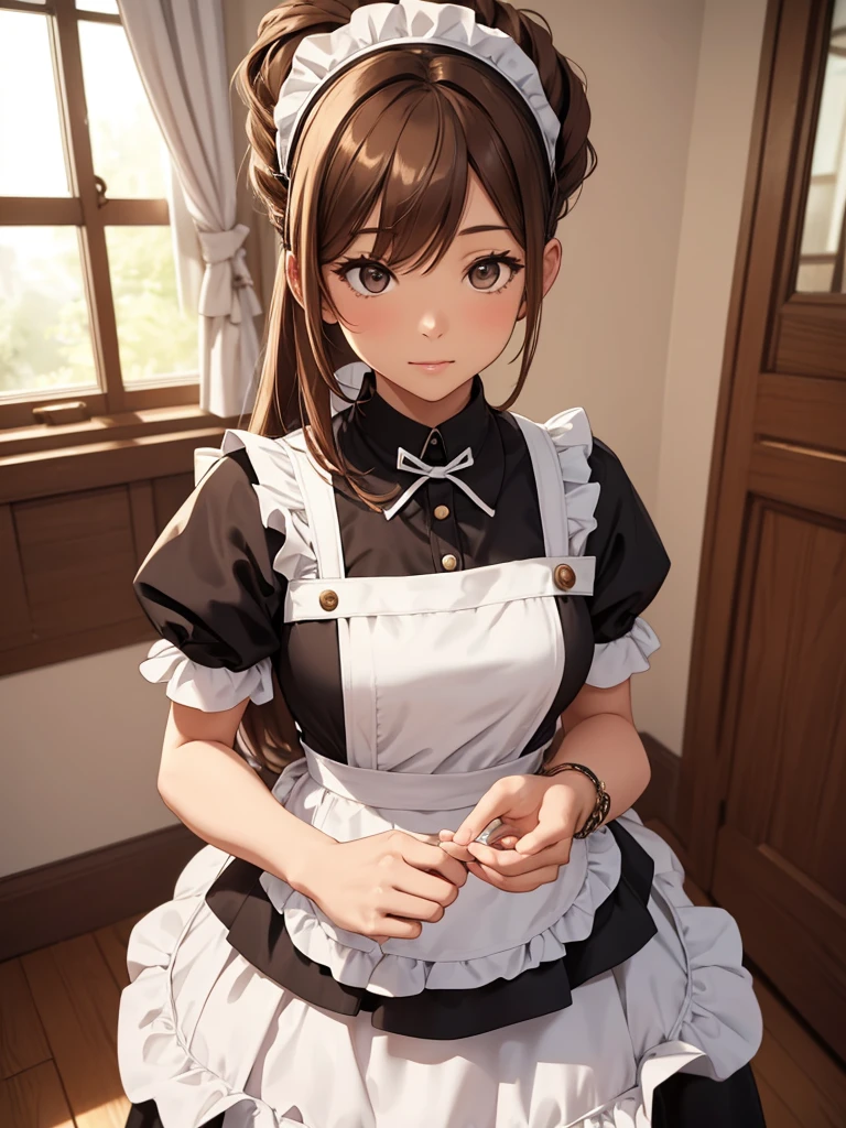 (Wiz), 1woman, as a maid, wearing a maid outfit, at a home, light brown hair, 8k, high detailed, high quality