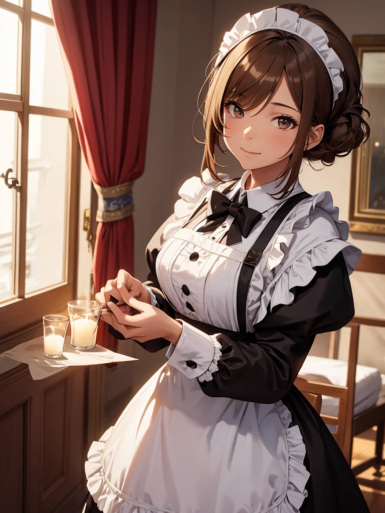 (Wiz), 1woman, as a maid, wearing a maid outfit, at a home, light brown hair, 8k, high detailed, high quality