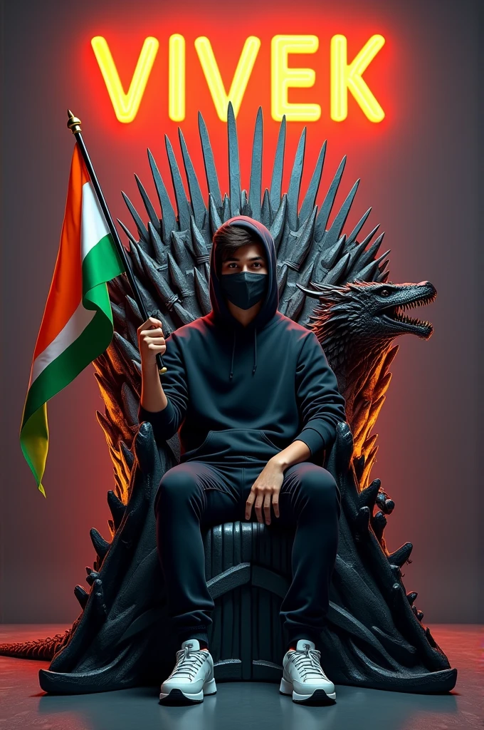 Illustration A 18 year old young boy wearing a black Räkéß and sneakers, sits on a King of Beasts throne with an Indian flag in hand. A ferocious dragon is next to him, and he has Indian tricolor wings. ‘SAURABH‘ is written in large orange neon lights on a dark gray wall in the background. Create a 3D illusion profile picture in