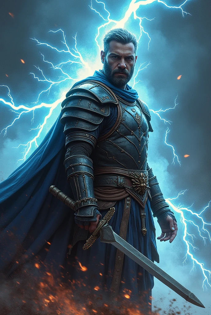 a medieval warrior with electrical powers, in a way that looks like a drawing