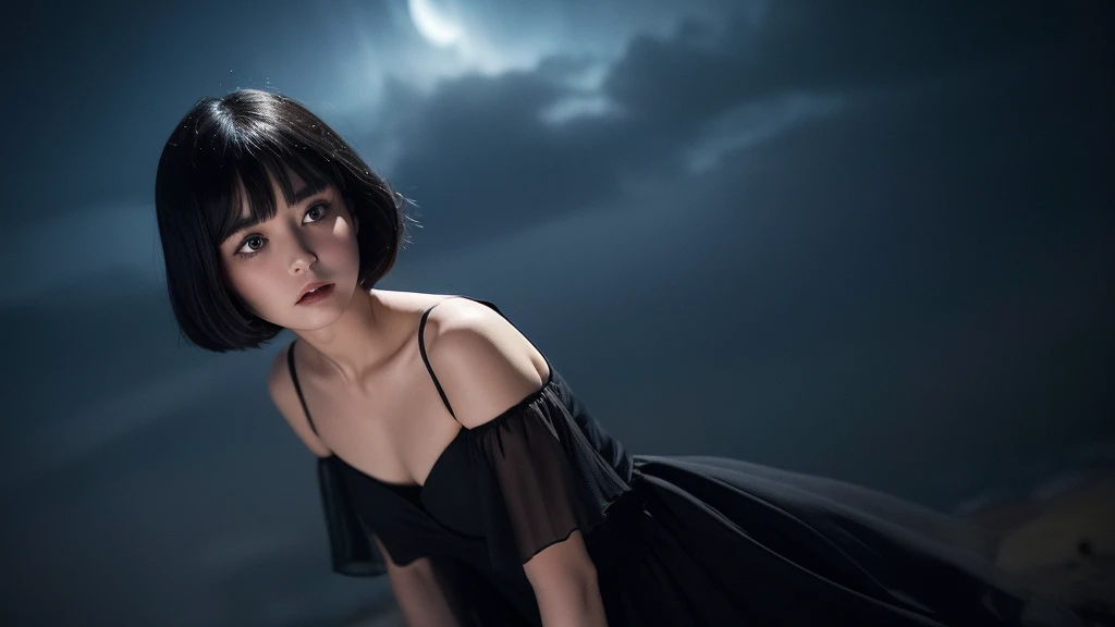Delicate and dainty young woman with shiny bob-cut black hair . She is wearing black dress. The background is a fantastic and ethereal night sky that seems to be haunted by a specter. Her expression is stern and atmospheric. Angle from directly below.calico cat