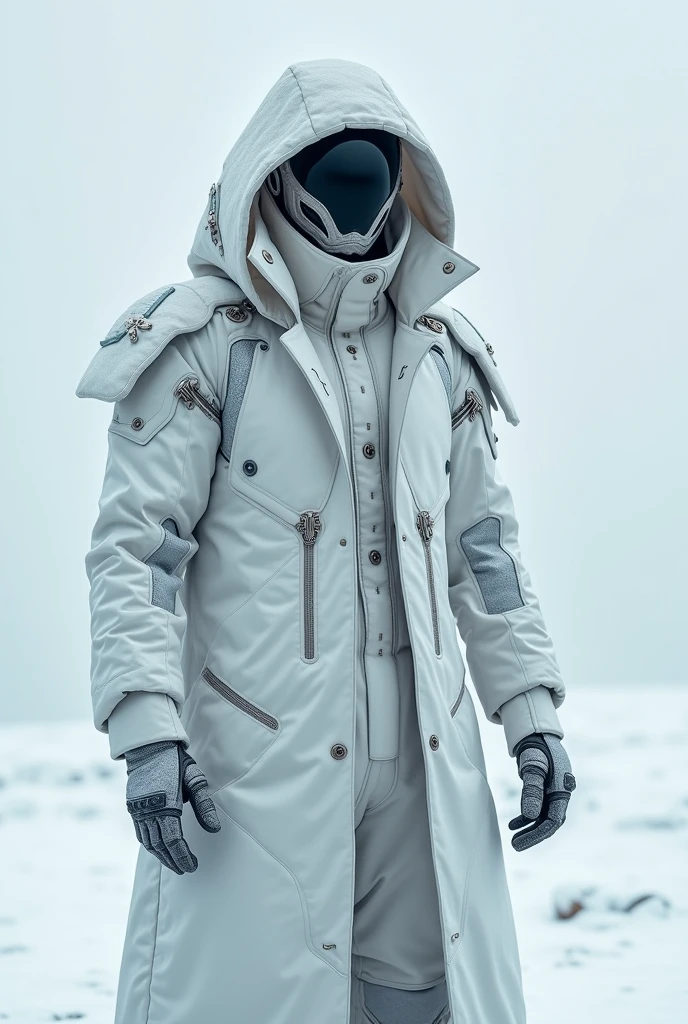 ((Main masterpiece in ultra-high resolution, with futuristic style and meticulous details)). | A criminal in a futuristic snow costume is posing on a medium plane, with his face completely covered by a mask or hood. The costume is complete, covering it from head to toe, with technological details and a sinister appearance that reflects its evil character. The background is simple and neutral to keep the focus on the character, emphasising the complexity and atmosphere of the costume. | The composition shows the criminal in an imposing posture, highlighting the design of the costume and the aura of threat. The lighting should be subtle, but effective, to create a dramatic contrast and highlight the silhouette of the character. | The image should capture the essence of a futuristic villain, with a highly detailed costume and a background that does not distract from the main focus. | (((((full body image)))), ((perfect texture, perfect detail, ultra detailed, enhance details, correct imperfections):1.2), ((More Detail, Enhance)).