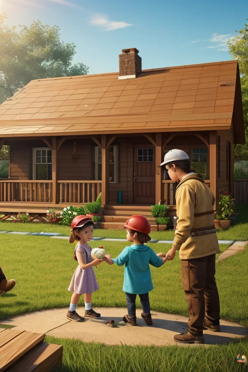 Scene 3: Sharing and Helping
Illustration of Sammy, Benny, and Lily working together. Show Sammy handing over the shiny acorn to Benny and Lily, with a sense of teamwork and cooperation. Include elements like repaired homes and a feeling of community.
