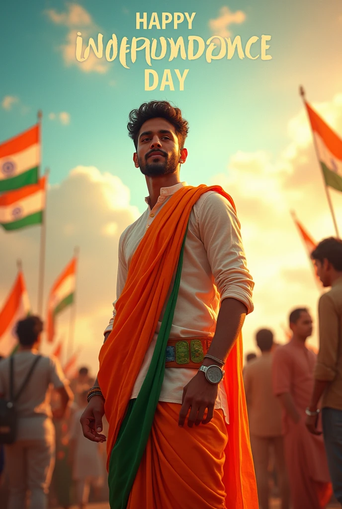 "Generate a real-life image of 21-year-old boy joyfully celebrating Indian independence day. The individual is dressed in Indian traditional Indian attire with the name 'RAHUL CHOWDARY' prominently displayed on their clothing. The sky above them features the words 'happy independence day' in bold font. The background is alive creating a vibrant and patriotic atmosphere."