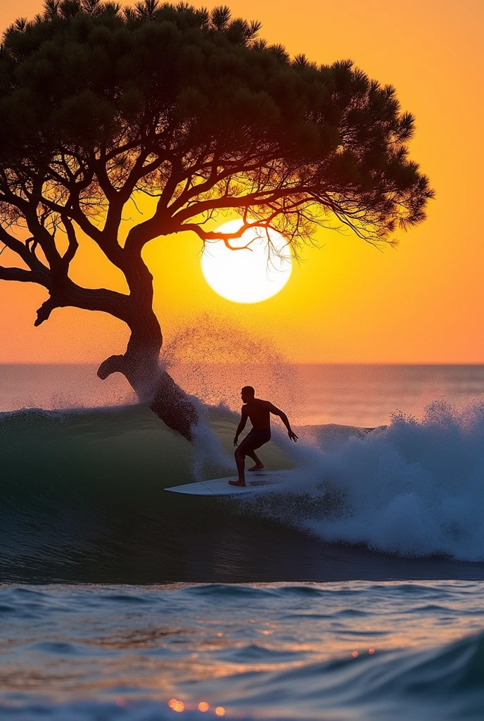 Un surfeur surf sur une vague d arbre lors d un coucher de soleil