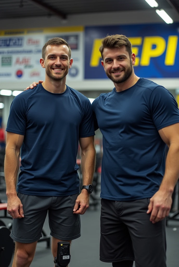Have a bodybuilding student who has a prosthetic leg training and his personal trainer at his side helping him with his workouts.. Make both with a navy blue t-shirt and in the background a banner saying FEPI in blue and yellow.