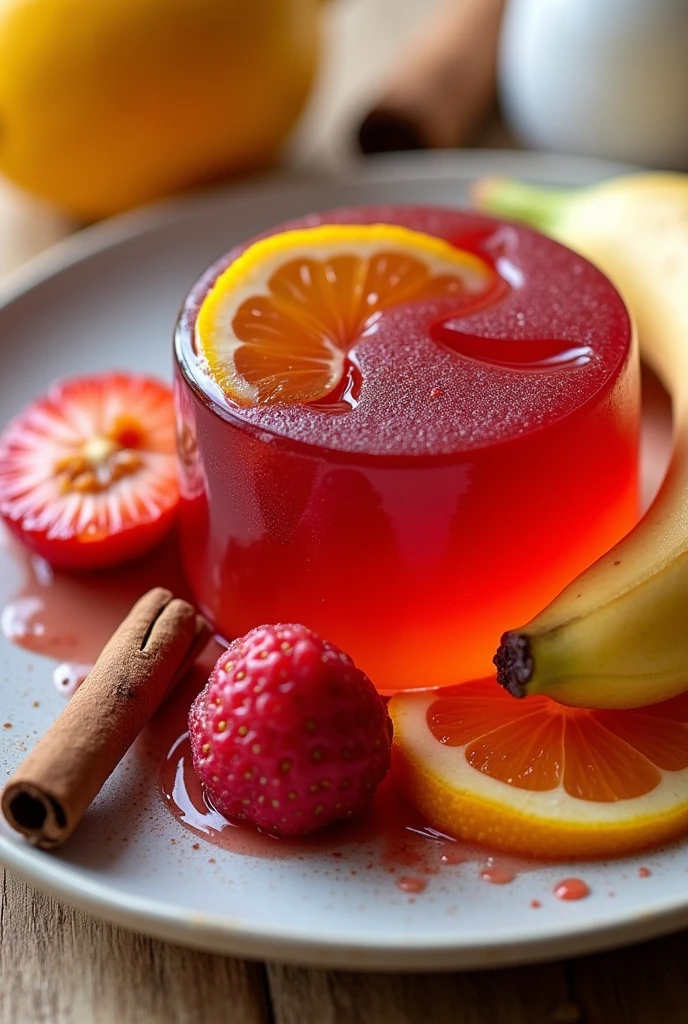 Chicken blood, unflavored gelatin, fruits (apple, banana, strawberry and orange), cinnamon, clove, lemon and honey.