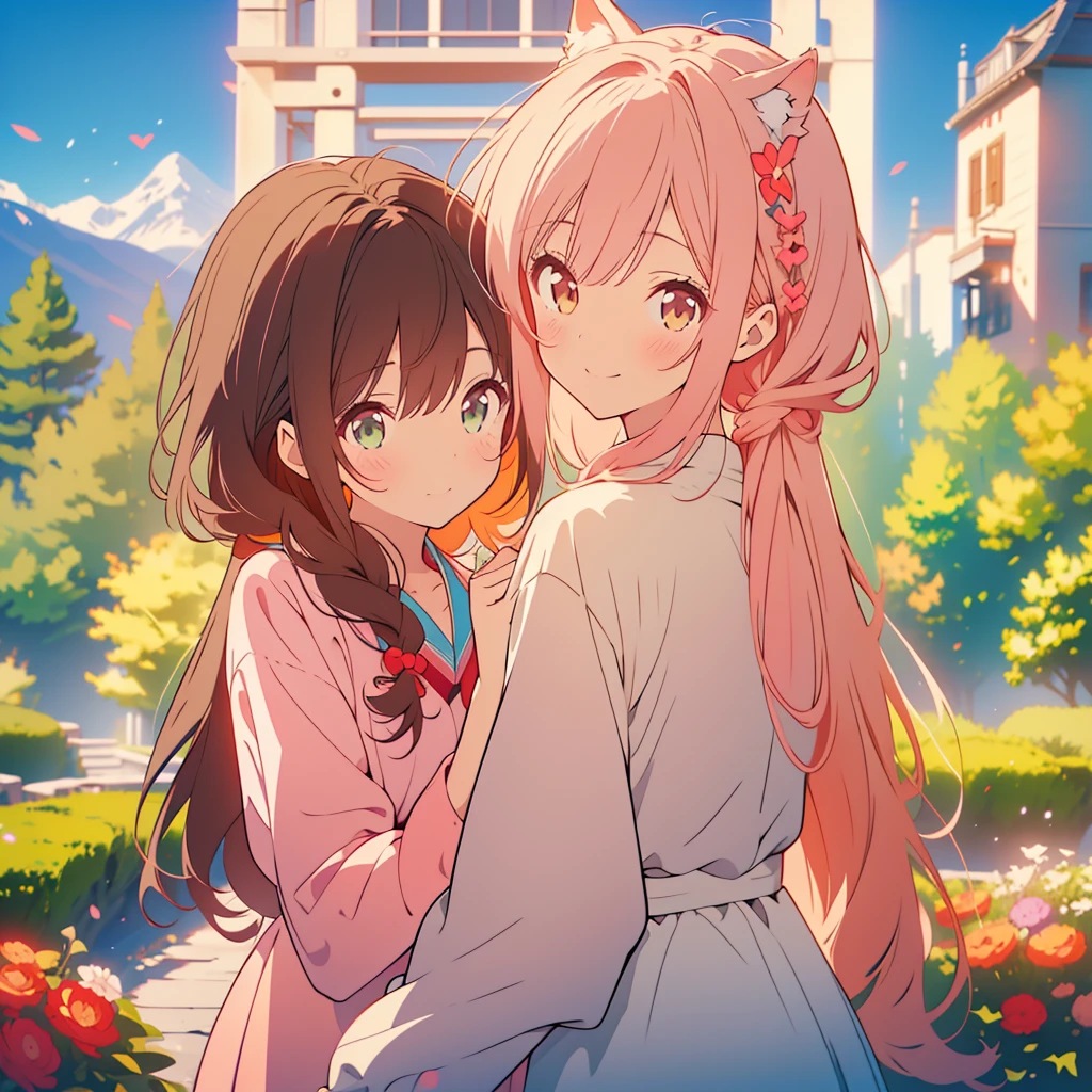kawaii, anime, Cute, hyper quality, highly detailed, 8k, Clarity, Draw facial expressions in detail, A young girl with short light pink hair and scarlet eyes., swiss plateau, alps mountains, rainbow, daytime, clear sky, Girl with long dark brown hair and green eyes, good friends, marriage, smile, (Let me stay by your side for the rest of my life, stay by my side for the rest of my life, and do my best to never leave you), confession, hoodie, kiss, 