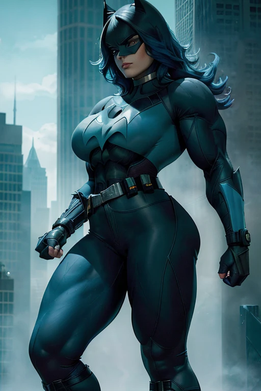 (((Close-up))), tall, (cyan blue hair) beautiful muscular woman, long beachy hair, pale white skinned, closed smile, large breast, (black lipstick), (massive muscles), (hyper muscle), ((ginormous bulky muscles)), purple eyes, (((cyan batwoman suit))), (((Batwoman pants with belt))), gauntlets, choker, boots, (in gotham city)