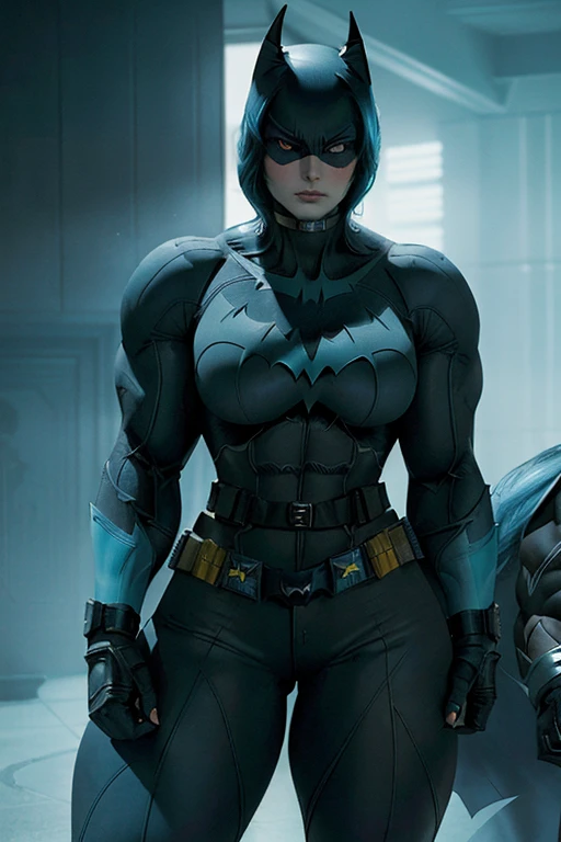 (((Close-up))), tall, (cyan blue hair) beautiful muscular woman, long beachy hair, pale white skinned, closed smile, large breast, (black lipstick), (massive muscles), (hyper muscle), ((ginormous bulky muscles)), purple eyes, (((cyan batwoman suit))), (((Batwoman pants with belt))), gauntlets, choker, boots, (in gotham city)