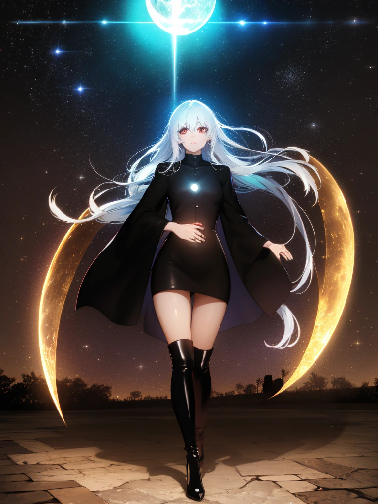 Girl with long white hair down to her waist, with small red details, red eyes, long black dress with a leg slit, with red details, long black boots up to below the knees, white skin, the ground around her is cracking and small stones are floating around her surrounded by a black aura, she is surrounded by shadows, and the background is dark like the night with the universe and stars, her presence causes fear, her shadow appears to be a monster, 8k, high quality, full body, (ultra-realistic), {extremely detailed 8k CG unit wallpaper}, expansive landscape photograph, (light: 2.0), (warm light source: 1.5), complex details, (iridescent colors: 1.5), (bright lighting), (atmospheric lighting), surreal, impressive, fantasy, (Solo: 1.2), White moon