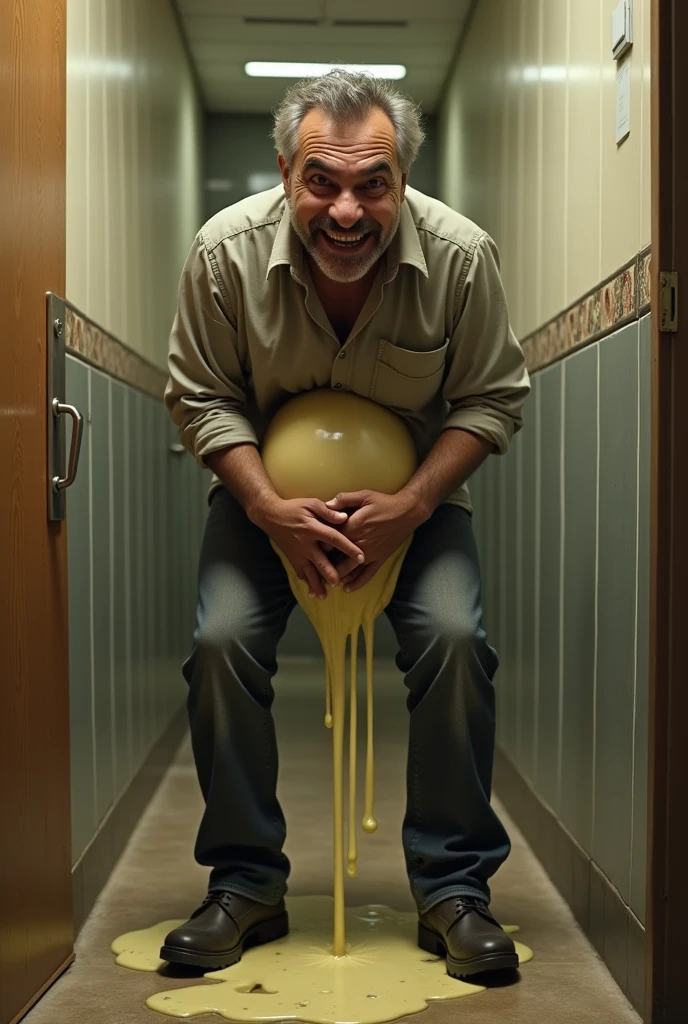 İsmail Düvenci, crotch grab, wetting his pants, urine visible, urine dripping, near the bathroom door