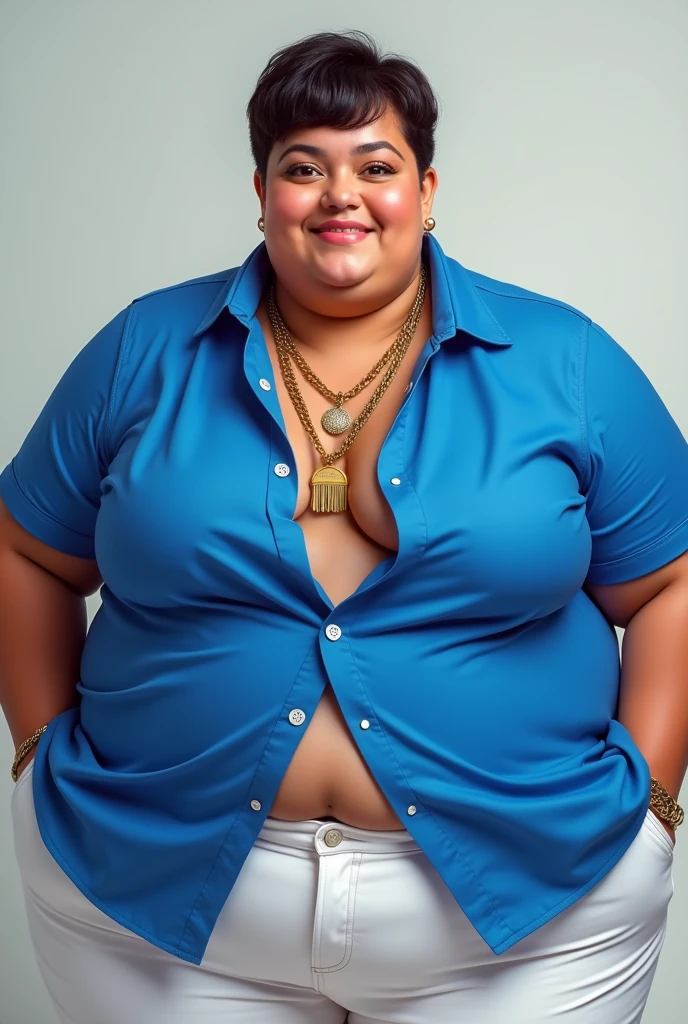 25-year-old Latin American, overweight, blue shirt, white pants, gold necklace, short hair hyper realistic