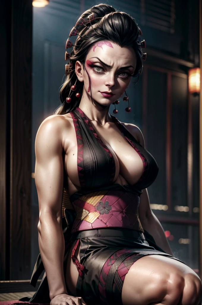 A tall samurai mature woman in realistic portrait of high quality and detail, movie style, Daki (Kimetsu no Yaiba), mature face, 43 years old, Geisha, white makeup, She has Japanese traditional hairstyle, traditional hairstyle-nihongami, black eyes, pale skin, asian girl, She is wearing a traditional Japanese pink armor, blood on her clothes, large breast, curvy body, milf, mole on her face, dark fantasy, dark atmosphere, dramatic look, glow, eye shadow, 1girl, Depth & Perspective, angry smiling face, Japanese characters on pupils, fine face, She's standing in the japanese street, outdoors, snow on background, winter, night time, looking at viewer, (ultra-high detail:1.2), Masterpiece, Best Quality, Ultra-detailed, Cinematic lighting, 8K, delicate features, cinematic, 35 mm lens, f/1.9, highlight lighting, global lighting –uplight –v 4, cinematic, Cinematic lighting, 8K, high quality, Highest Quality, (Solo Focus), (extremly intricate:1.3), (Realistic), masterful, Analog style, (Film grain:1.5), (cold tone),