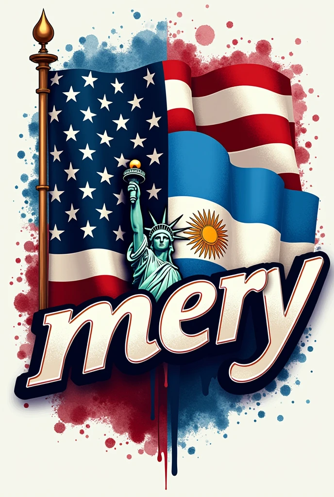 A clothing logo that says in Spanish: "mery " . That has the United States flag in the background, another argentine flag with 3 stars on the argentine flag and the sun and the statue of liberty. The language must be Spanish