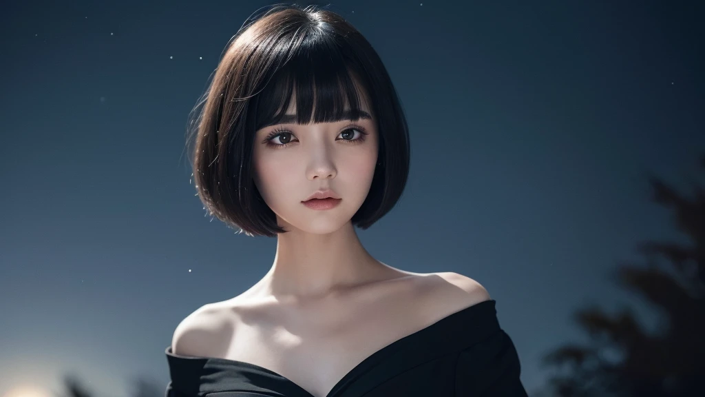 Delicate and dainty young woman with shiny bob-cut black hair . She is wearing black dress. The background is a fantastic and ethereal night sky that seems to be haunted by a specter. Her expression is stern and atmospheric. Angle from directly below. with calico cat