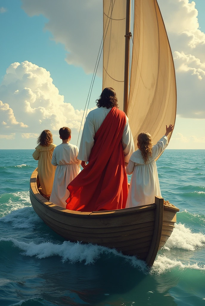 Jesus Christ dressed in red and white with his back to the sea completely in a beautiful boat sailing with beautifully dressed boys and girls 
