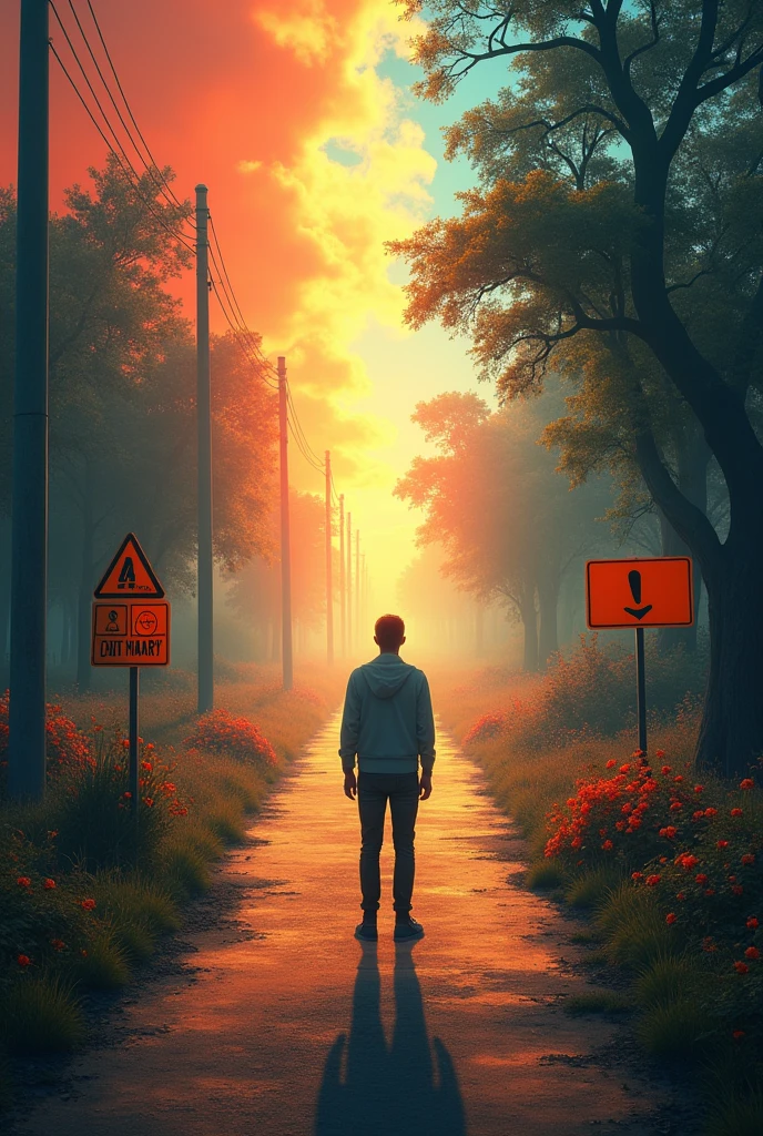 a scene in which a person , facing two different paths. The left path is full of warning signs, Red lights and hazard symbols, while the path on the right is illuminated with warm colors, flowers and symbols of well-being.