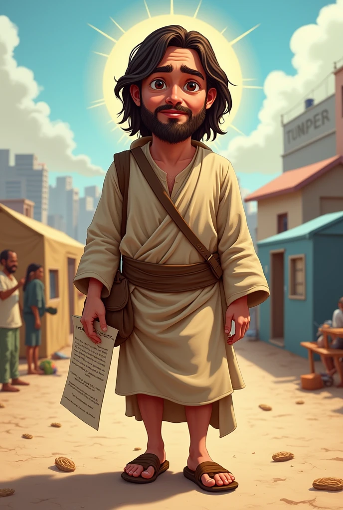 Make a drawing of Jesus of Nazareth as a more cartoonish and modern migrant