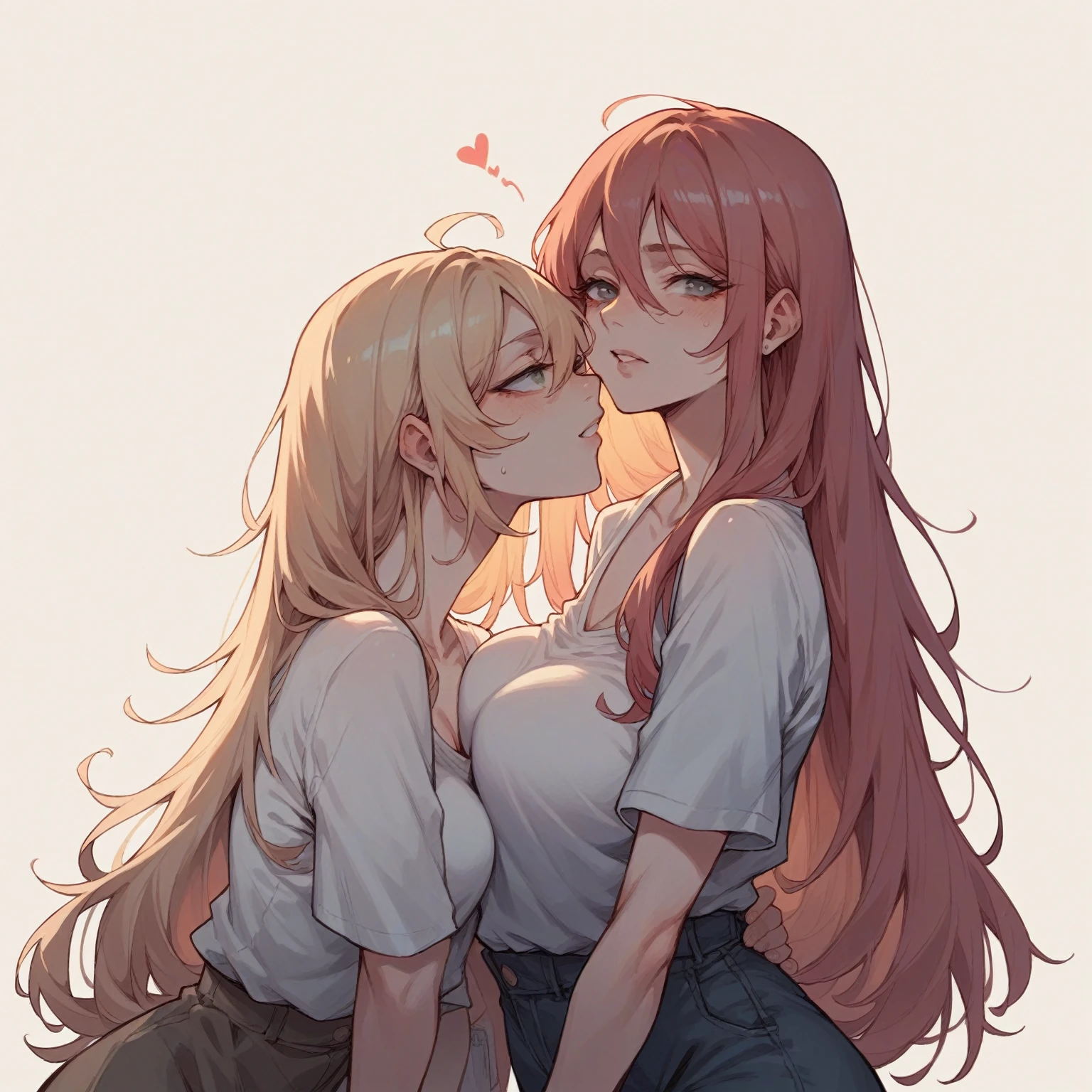16k,score_9, score_8_up, score_7_up, source_anime, rating_safe,super detailed , kotone-default,fujita kotone,brown eyes, blonde hair,twin braids,hair ornament,(white hairclip:0.8), (heart eyes),(heart in eyes),spoken heart,open mouth,nude,nipple,small breast ,blush,beautiful face,beautiful eyes,details eyes,white background ,from side ,steam,sweat,looking back,kiss,handjob,1boy,1penis