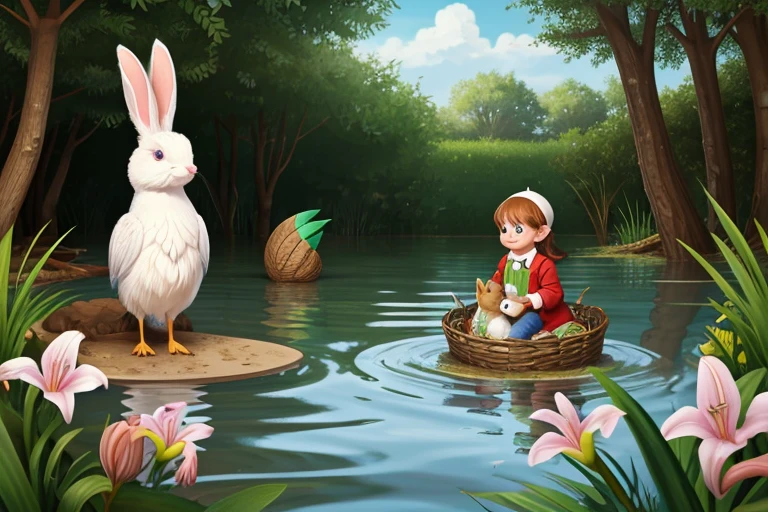 Scene 2: Sammy with Friends
Illustration of Sammy approaching Benny the rabbit and Lily the bird. Benny looks worried with a flooded burrow in the background, and Lily appears sad with a damaged nest. Sammy is holding the shiny acorn and looking concerned.