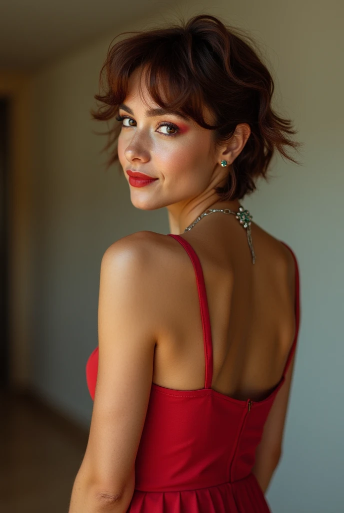 A Brazilian woman, wearing a strap dress, ((fully body)), showing off your natural charm and outgoing personality, 8k raw photo, best qualityer, work of art, ultra high resolution, film grain, film, Looking back at the viewer, natural skin texture, big realistic brown eyes and face details, full lips, lipstick, (make up) , red eyeshadow, fluffy short hair, ssmile, cloused mouth, beautiful Pernas, tall woman, standing alone, neckleace, ultra short bathmantea, in this, standing, (((he finished))), (((bent at the waist))), (((view from side))), red bathmantea, get out jk on neck, get out jk, chestnut hair, bracelet, bangss, jewerly, parted lips, lips, sideways, mantea, Depth of field ((highlight on the ass))