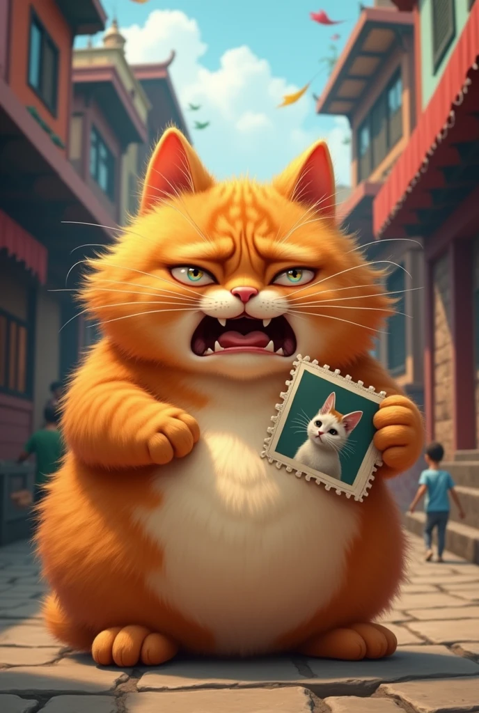 Big fat male orange cat lost and crying very hard with a missing post card on his hand in kathmandu.
The missing post card on his hand had a picture of a white female cat.
