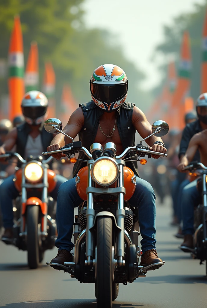 Motorcycle rally with riders wearing helmets with Indian Flags