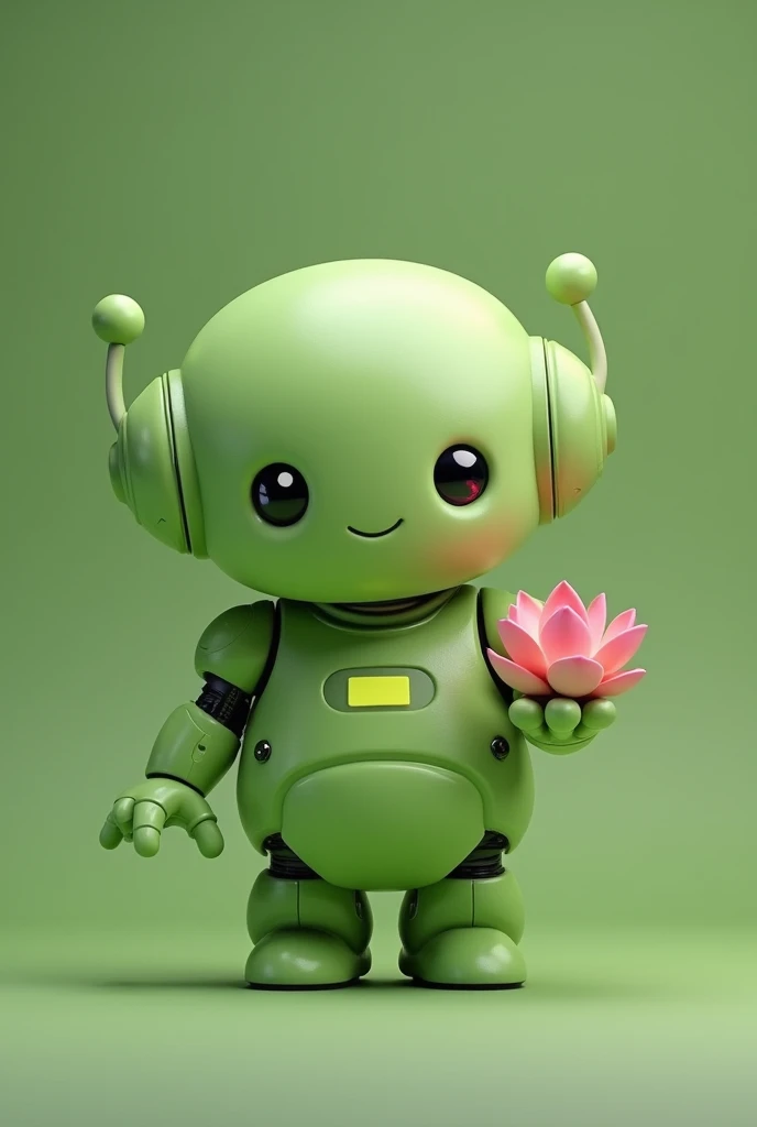 Light green chubby friendly robot with a lotus flower in the palm of its open hand looking straight ahead