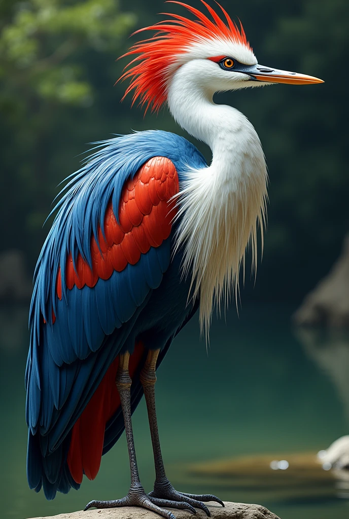 A heron (animal)that is very strong red blue white color