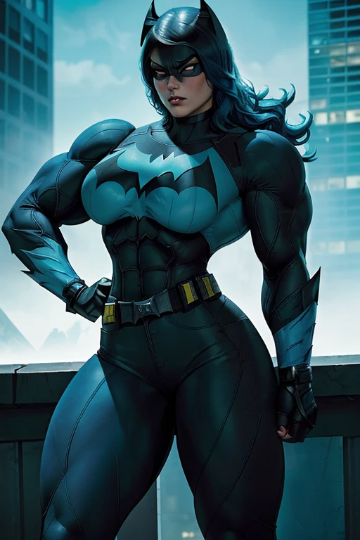 (((Close-up))), tall, (cyan blue hair) beautiful muscular woman, (long beachy hair), pale white skinned, closed smile, large breast, (black lipstick), (massive muscles), (hyper muscle), ((ginormous bulky muscles)), purple eyes, (((cyan batwoman suit))), (((Batwoman pants with belt))), gauntlets, choker, boots, (in gotham city)
