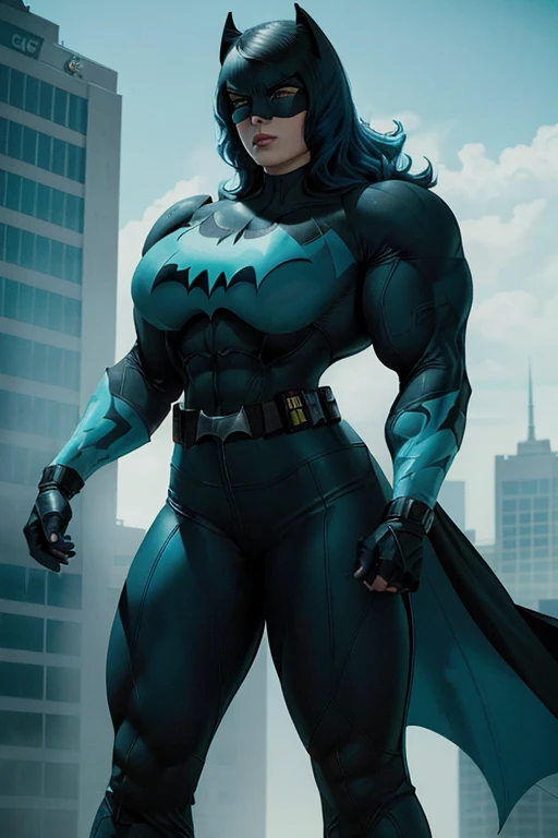 (((Close-up))), tall, (cyan blue hair) beautiful muscular woman, (long beachy hair), pale white skinned, closed smile, large breast, (black lipstick), (massive muscles), (hyper muscle), ((ginormous bulky muscles)), purple eyes, (((cyan batwoman suit))), (((Batwoman pants with belt))), gauntlets, choker, boots, (in gotham city)