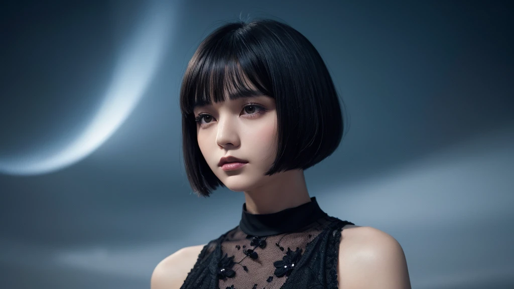Delicate and dainty young woman with shiny bob-cut black hair . She is wearing black dress. The background is a fantastic and ethereal night sky that seems to be haunted by a specter. Her expression is stern and atmospheric. Angle from directly below.