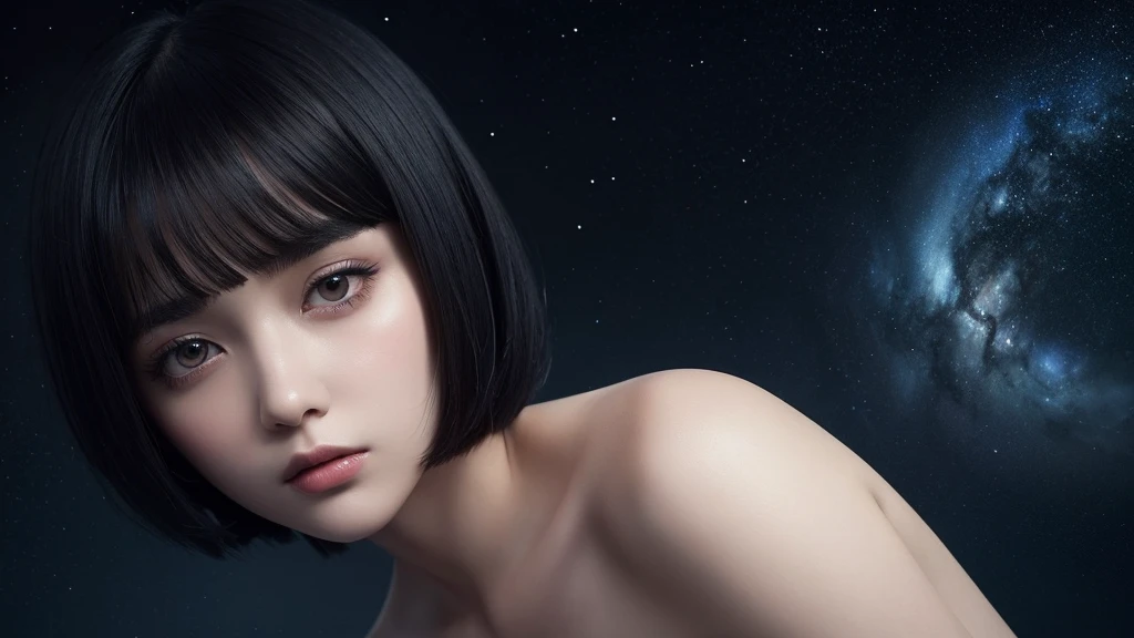 Delicate and dainty young woman with shiny bob-cut black hair . She is wearing black dress. The background is a fantastic and ethereal night sky that seems to be haunted by a specter. Her expression is stern and atmospheric. Angle from directly below.