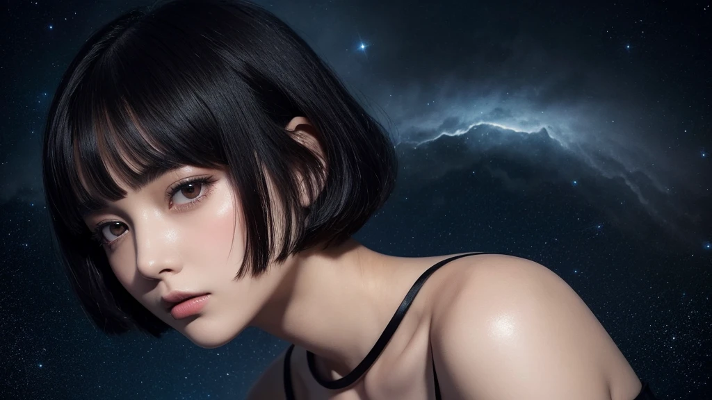 Delicate and dainty young woman with shiny bob-cut black hair . She is wearing black dress. The background is a fantastic and ethereal night sky that seems to be haunted by a specter. Her expression is stern and atmospheric. Angle from directly below.