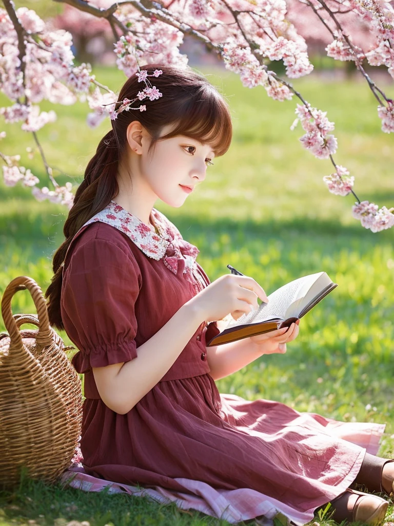 Highest quality　masterpiece　A literary girl sitting under a cherry tree and reading a book　beautiful　Photo style　Real