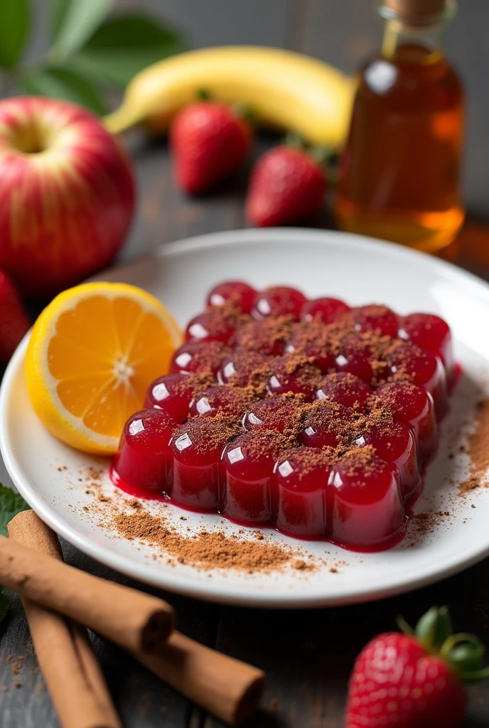 Chicken blood, powdered gelatin, fruits (apple, banana, strawberry and orange), cinnamon, clove, lemon and honey.
