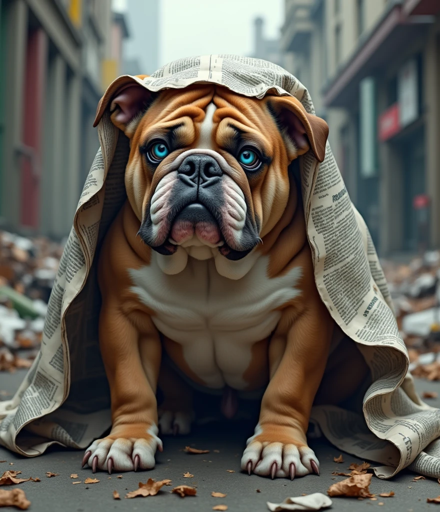 Generate me an English bulldog with light blue eyes, Light brown coat with lighter shades. living on the streets as a homeless person, covered with newspapers