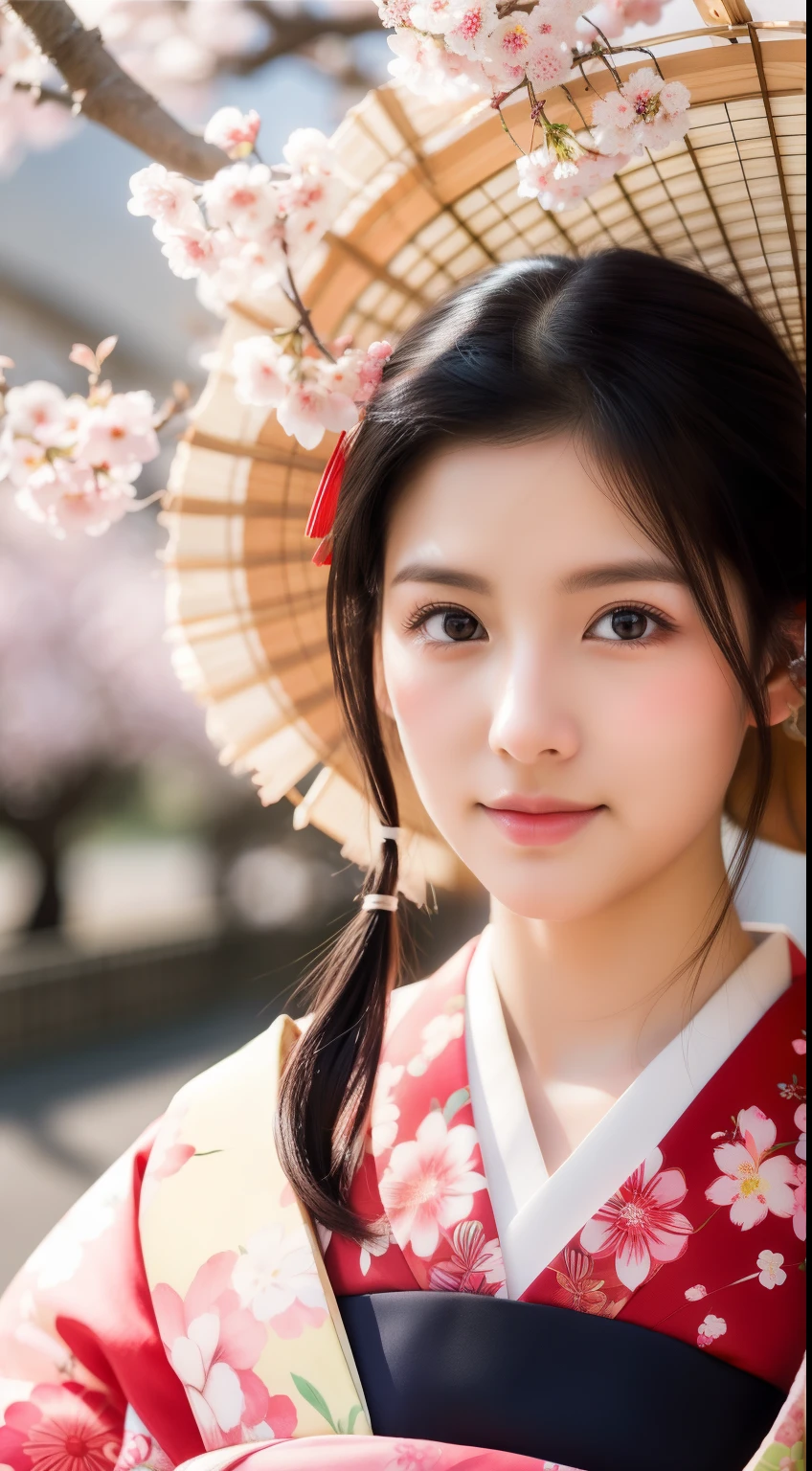 Realistic photos, Beautiful Eyes, Flowing black hair, Elegant kimono, Cherry blossom background, Traditional folding fan, Calm expression, Soft lighting, Traditional Japanese art style, Vibrant colors, Peaceful atmosphere, Delicate features, Graceful posture