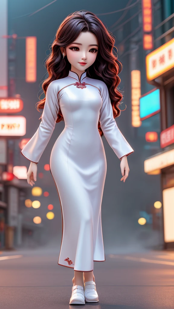 1girl,solo,cute, gorgeous women in ao dai, beautiful face,full body, larger chest,Hollywood waves,ao dai,hot figure, gorgeous,Foggy street,