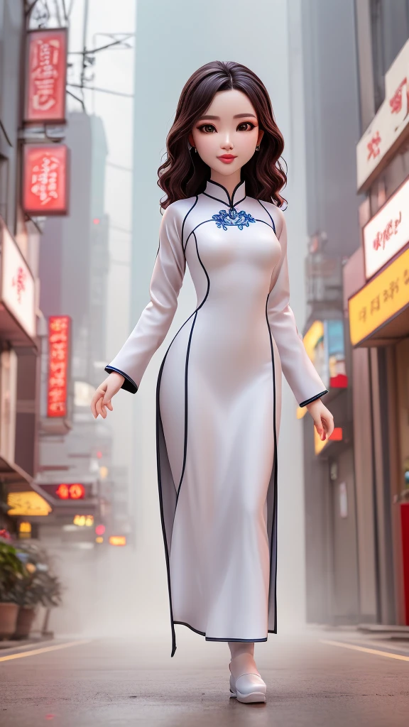 1girl,solo,cute, gorgeous women in ao dai, beautiful face,full body, larger chest,Hollywood waves,ao dai,hot figure, gorgeous,Foggy street,