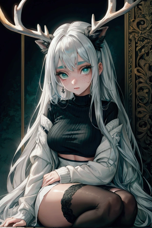 A deer girl, she has antlers, as well as deer ears, she has very fair hair skin but with white freckles. She has long silver hair with a mute blue-ish green. She is very beautiful and has modern looking clothing. She is a women with medium breast, but wears a fairly modest black sweater with a white miniskirt, black stockings and white sneakers with silver and blue jewelry. 4k resolution, beautiful girl. Wearing eyeliner and mascara